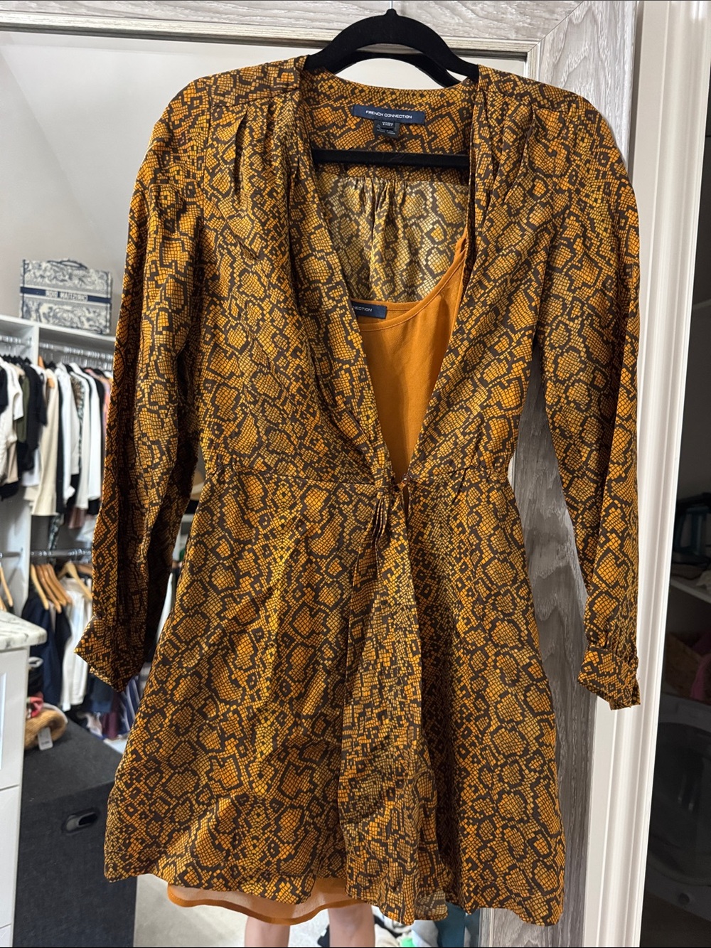 French Connection Mustard Snake-Print Long Sleeve Wrap Dress